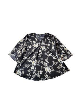 Your Style Womens Black Floral V-Neck 3/4 Sleeve Tunic Top 2XL Polyester Spandex
